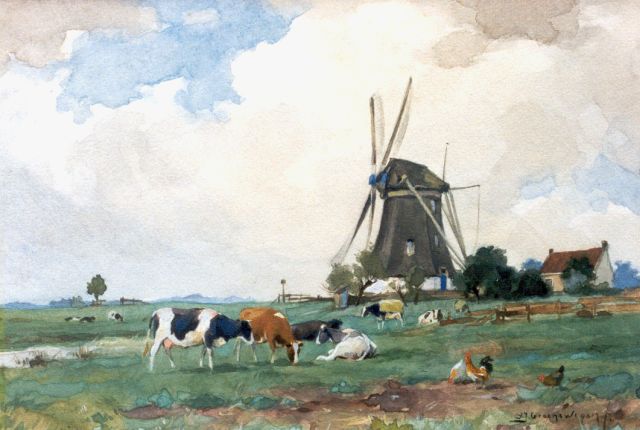 Groenewegen A.J.  | Koeien en kippen bij een molen, aquarel op papier 18,3 x 26,3 cm, gesigneerd r.o.