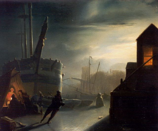 Petrus van Schendel | Bevroren stadsgracht bij maanlicht, olieverf op paneel, 25,1 x 30,6 cm, gesigneerd r.o.