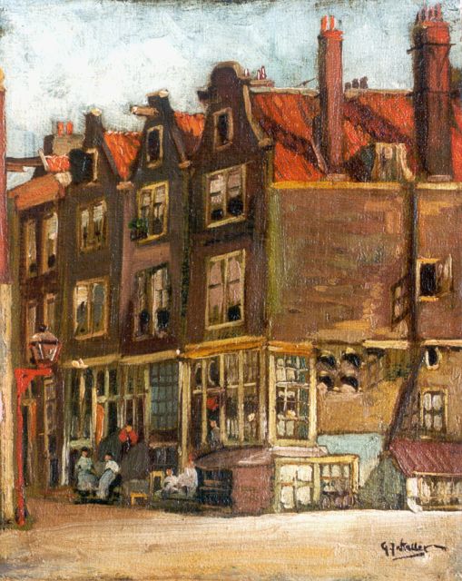 Staller G.J.  | Huisjes in Amsterdam, olieverf op doek op schildersboard 22,9 x 18,2 cm, gesigneerd r.o.
