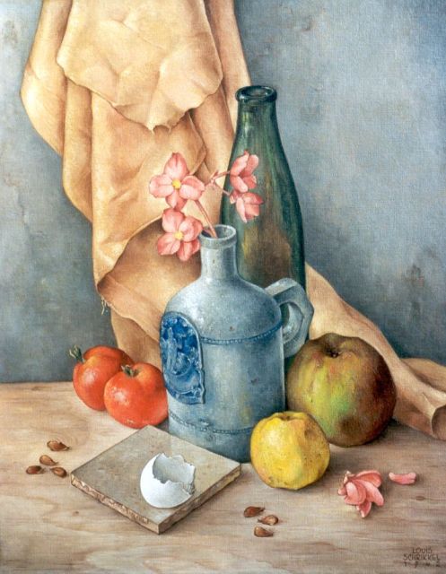 Schrikkel J.L.  | Stilleven met kruik en appels, olieverf op doek 50,0 x 40,2 cm, gesigneerd r.o. + verso en gedateerd 1942