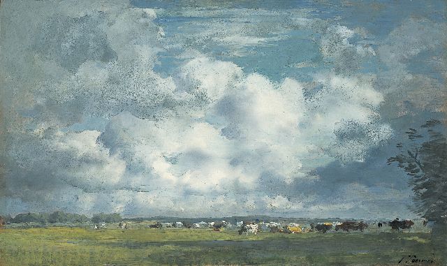 Jan Voerman sr. | Landschap met koeien bij Hattem, olieverf op paneel, 31,0 x 52,0 cm, gesigneerd r.o.