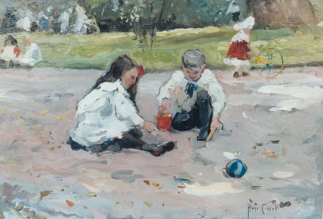 Voorden A.W. van | Spelende kinderen in een park, olieverf op board 22,5 x 32,5 cm, gesigneerd r.o. met initialen