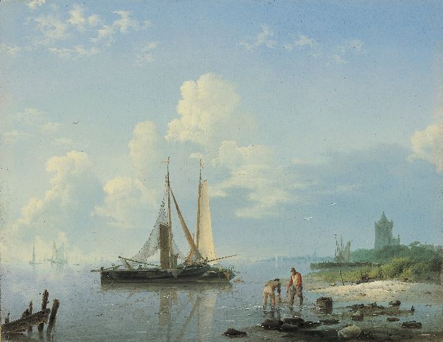 Koekkoek H.  | Kustgezicht met vissers bij windstilte, olieverf op paneel 21,5 x 27,6 cm, gesigneerd l.o. en te dateren ca. 1833-1836