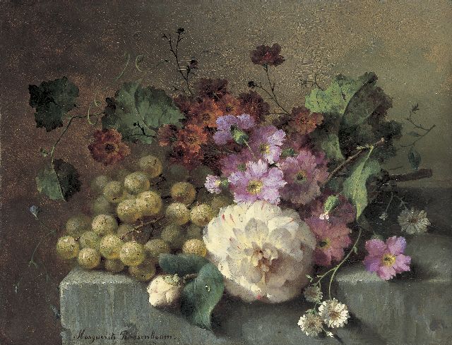 Margaretha Roosenboom | Bloemen en druiven op een stenen plint, olieverf op paneel, 26,0 x 33,9 cm, gesigneerd l.o.