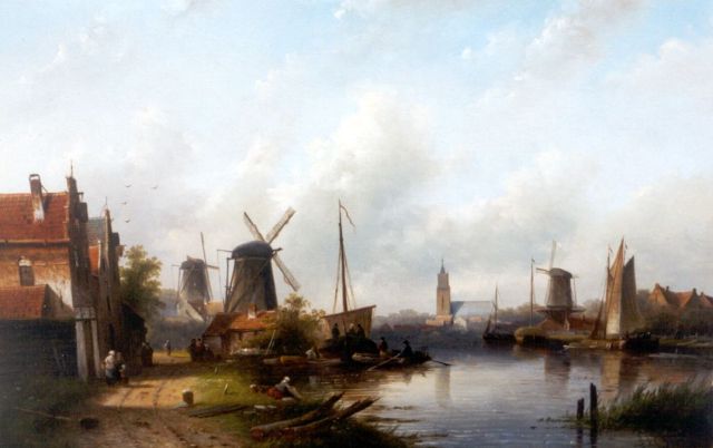 Jacob Jan Coenraad Spohler | Bedrijvigheid langs het kanaal, olieverf op doek, 43,4 x 67,3 cm, gesigneerd r.o.