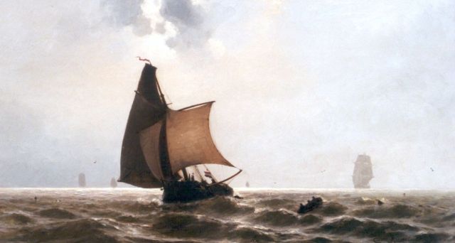 Jacob Eduard van Heemskerck van Beest | Zeilschepen en mannen in een vlet op open zee, olieverf op paneel, 50,7 x 92,0 cm, gesigneerd r.o.