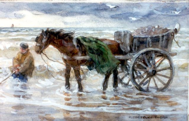 Zoetelief Tromp J.  | Schelpenvissers met zijn paard en wagen in de branding, aquarel op papier 17,0 x 26,0 cm, gesigneerd r.o.