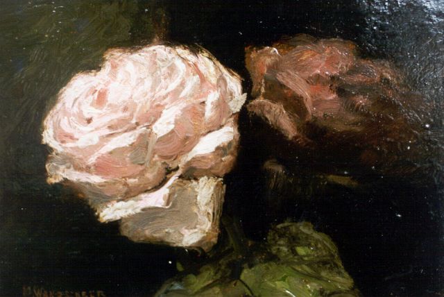Wandscheer M.W.  | Stilleven van rozen, olieverf op paneel 16,4 x 23,6 cm, gesigneerd l.o.