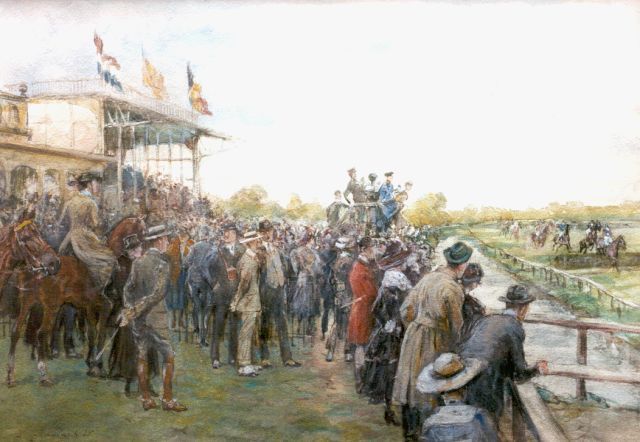 Jan Hoynck van Papendrecht | Bij de paardenraces op Duindigt, aquarel op papier, 43,3 x 60,0 cm, gesigneerd l.o.