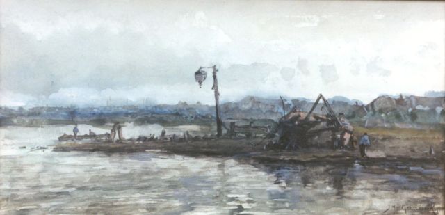 Mastenbroek J.H. van | Waterkant met hijsvuur, aquarel op papier 17,1 x 34,2 cm, gesigneerd r.o. en gedateerd '97