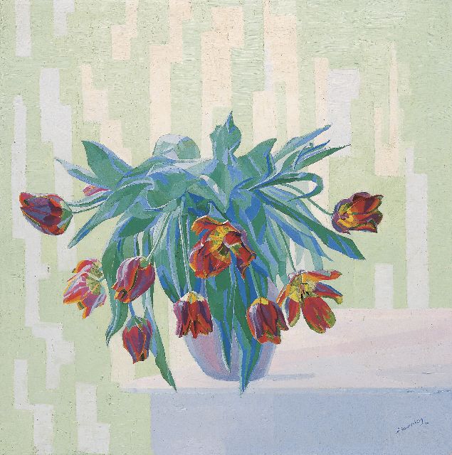 Dirk Smorenberg | Stilleven met tulpen in een vaas, olieverf op doek, 66,8 x 66,5 cm, gesigneerd r.o. en gedateerd '16