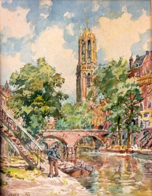 Schaap H.  | Gezicht op de Oude Gracht met de Dom in Utrecht, aquarel op papier 31,0 x 24,0 cm, gesigneerd l.o. en gedateerd '49