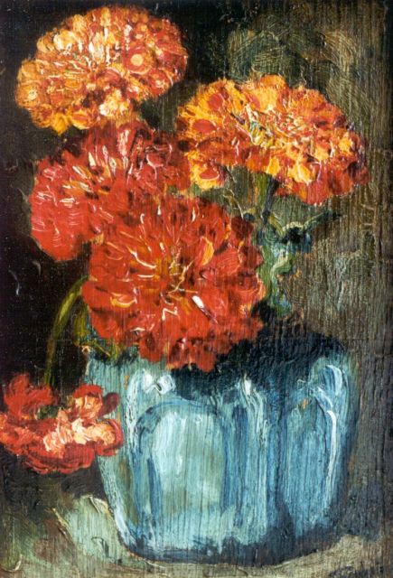 Goedvriend Th.F.  | Stilleven van bloemen in een gemberpotje, olieverf op paneel 23,8 x 16,0 cm, gesigneerd r.o.