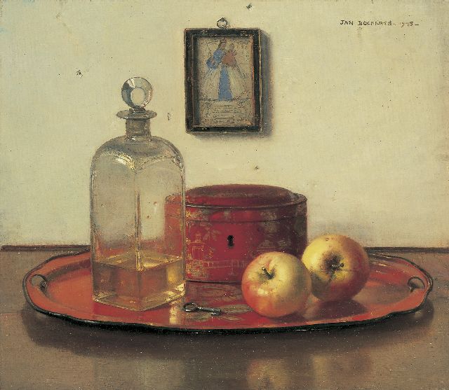 Bogaerts J.J.M.  | Stilleven met karaf en appels op een dienblad, olieverf op doek 40,2 x 45,5 cm, gesigneerd r.b. en gedateerd 1945