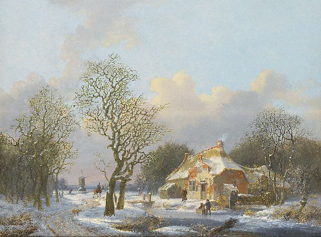 Stok J. van der | Winterlandschap met figuren bij een boerenhoeve, olieverf op paneel 38,0 x 49,7 cm, gesigneerd r.o.