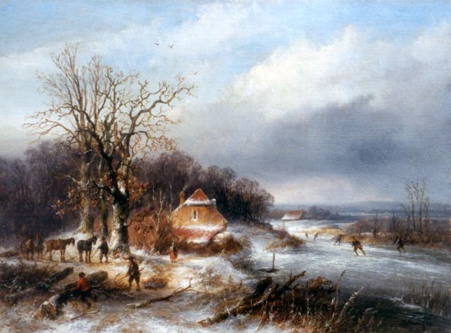 Hans J.G.  | Winterlandschap met schaatsers en houtsprokkelaars, olieverf op paneel 23,3 x 31,5 cm, gesigneerd r.o. en gedateerd '55