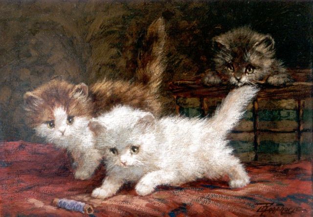 Cornelis Raaphorst | Drie katjes, spelend met een klosje garen, olieverf op doek, 19,2 x 25,1 cm, gesigneerd r.o.