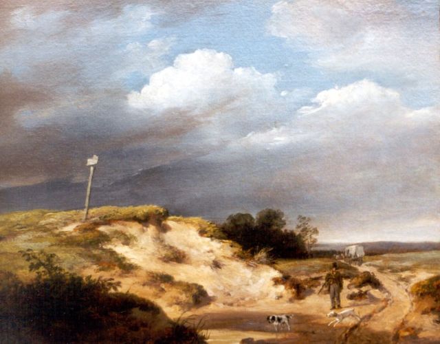 Schelfhout A.  | Duinlandschap met jager en zijn honden, olieverf op paneel 18,4 x 22,7 cm, gesigneerd r.o. en te dateren circa 1820