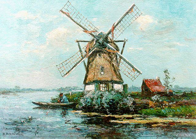 Barend Brouwer | Veenpolder Voorburg, molen aan vaart met visser, olieverf op doek, 25,3 x 35,0 cm, gesigneerd l.o. en gedateerd 1925?