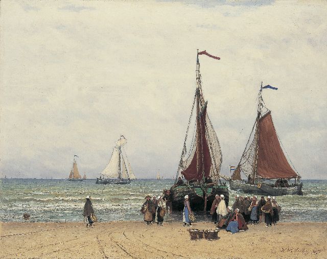 Hendrik Willem Mesdag | Bomschuiten en vissersvolk op het Scheveningse strand, olieverf op doek, 69,5 x 88,3 cm, gesigneerd r.o. en gedateerd 1872