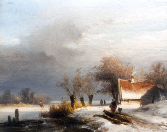 John Franciscus Hoppenbrouwers | Winterlandschap met schaatser, olieverf op paneel, 16,0 x 19,5 cm, gesigneerd r.o. met monogram