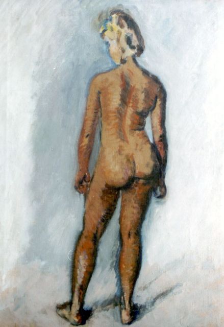 Jan Wiegers | Staand naakt 'Truus Trompert' op de rug gezien, olieverf op doek, 70,3 x 50,0 cm, gesigneerd r.o.
