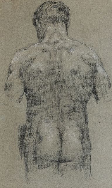 Roelofs O.W.A.  | Naaktstudie van man op de rug gezien, zwart en wit krijt op papier 34,2 x 17,2 cm