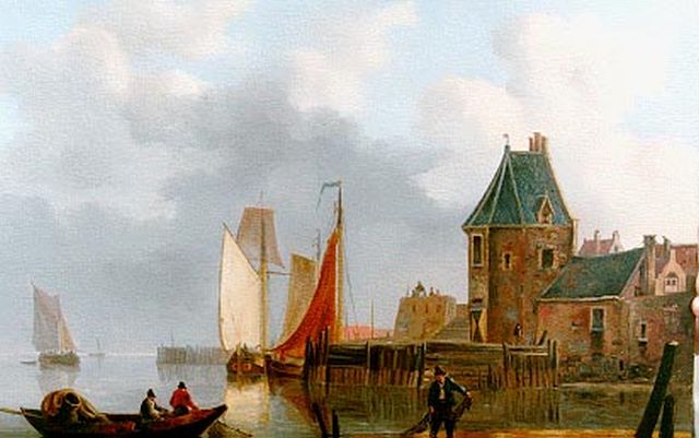 Blijk F.J. van den | Afgemeerde vissersboten bij fort Rammekes (Westerschelde), olieverf op paneel 27,7 x 36,9 cm