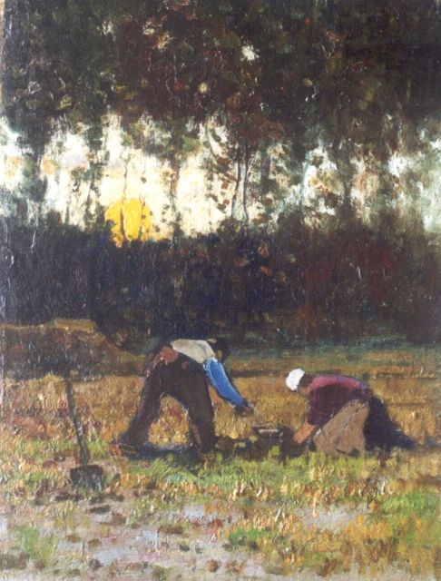 Kuijpers C.  | Boeren in het veld bij zonsopgang, olieverf op doek op schildersboard 30,6 x 24,0 cm
