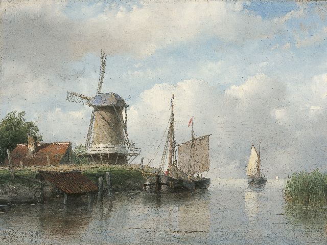 Schelfhout A.  | Afgemeerde zeilschepen bij een molen, olieverf op paneel 16,8 x 22,4 cm, gesigneerd l.o. en te dateren 1843-1858