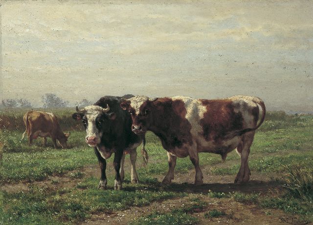 Haas J.H.L. de | Zwart-en roodbont vee in een wei, olieverf op paneel 44,6 x 63,0 cm, gesigneerd r.o. en verso gedateerd 1869