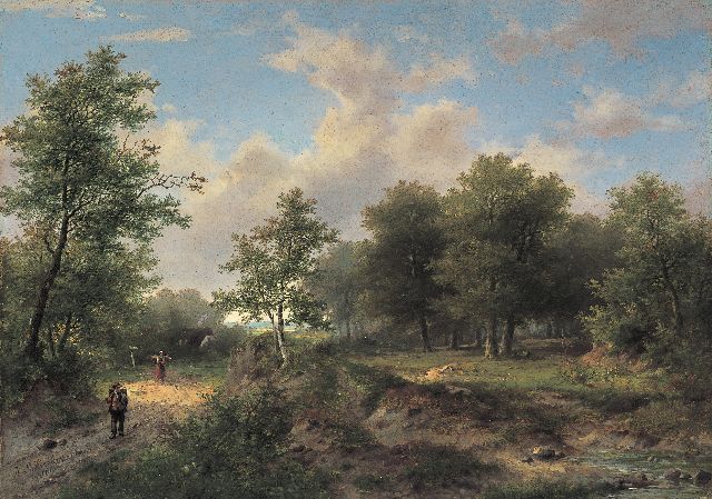 Hendrik Pieter Koekkoek | Reizigers op een bospad, olieverf op paneel, 28,6 x 40,3 cm, gesigneerd l.o. en gedateerd 1869