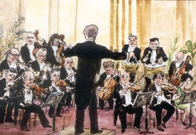 Kamerlingh Onnes H.H.  | Het orkest, potlood, pen, inkt en aquarel op papier 14,0 x 19,5 cm, gesigneerd r.o. met monogram en gedateerd 1972