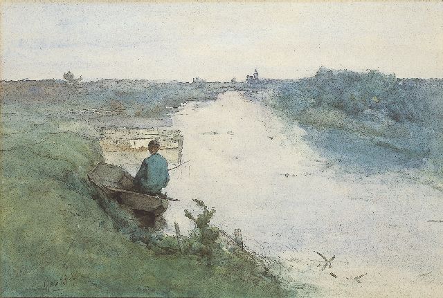 Gabriel P.J.C.  | Polderlandschap met visser, aquarel op papier 30,5 x 45,5 cm, gesigneerd l.o. dubbel