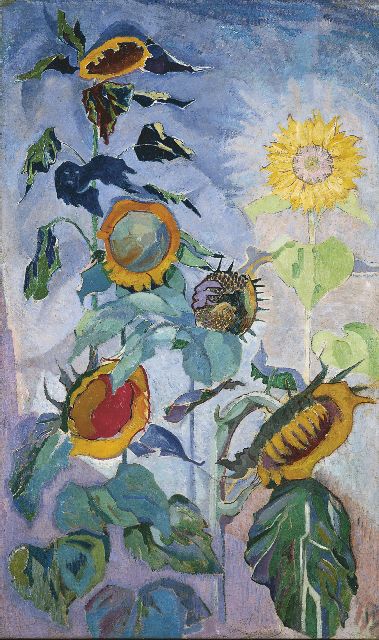 Braakensiek H.  | Zonnebloemen, olieverf op doek 122,8 x 70,5 cm, gesigneerd r.o. en verso met initialen en verso gedateerd 1918