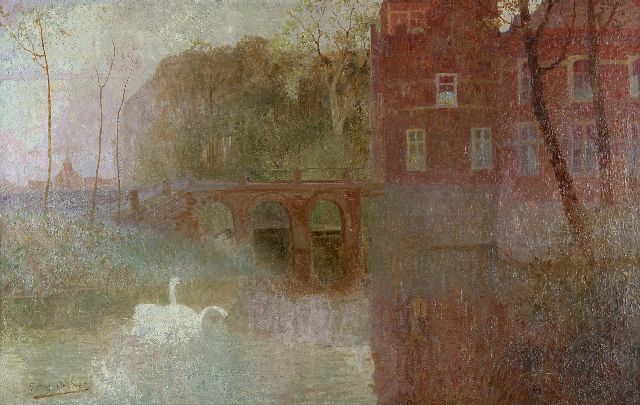 Smet G. de | Zwanen in een slotgracht, Brugge, olieverf op doek 86,9 x 138,7 cm, gesigneerd l.o. en te dateren ca. 1900