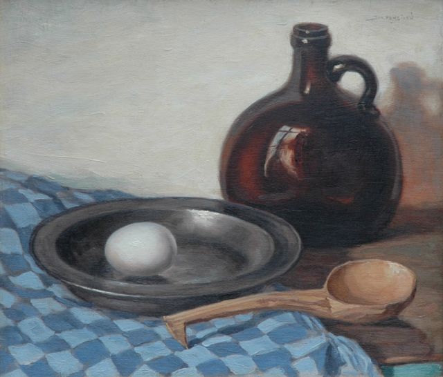 Johan Ponsioen | Stilleven met tinnen bord en fles, olieverf op doek op board, 39,7 x 46,4 cm, gesigneerd r.b. en l.b. (vaag). en gedateerd '31