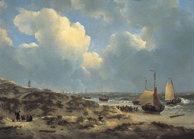 Johannes Christianus Schotel | Het uitladen van de visvangst op het strand van Scheveningen, olieverf op paneel, 65,1 x 90,7 cm, gesigneerd l.o.