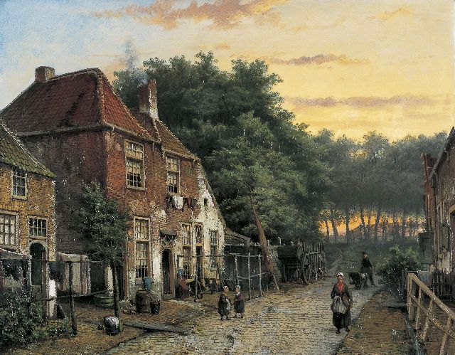 Koekkoek W.  | Hollands dorpsstraatje met figuren, olieverf op doek 53,9 x 69,0 cm, gesigneerd dubbel gesigneerd l.o. en r.o.