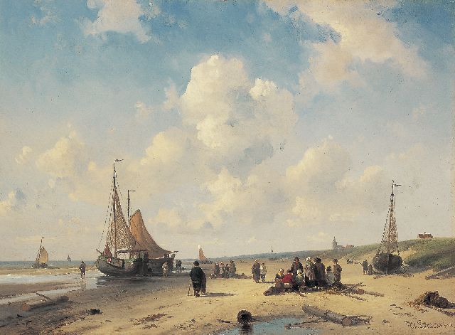 Charles Leickert | Bomschuiten en vissers bij eb op het strand van Scheveningen, olieverf op paneel, 26,1 x 36,0 cm, gesigneerd r.o. en gedateerd '54
