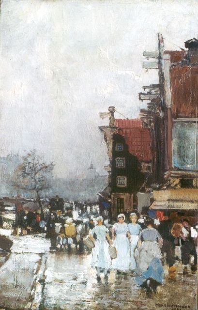 Herrmann J.E.R.  | Op de markt, Amsterdam, olieverf op papier op schildersboard 37,3 x 24,9 cm, gesigneerd r.o. en gedateerd 1886