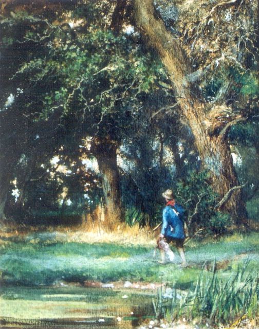 Louis Apol | Jager langs de bosrand, aquarel op papier, 39,0 x 31,0 cm, gesigneerd r.o. en te dateren ca. 1865