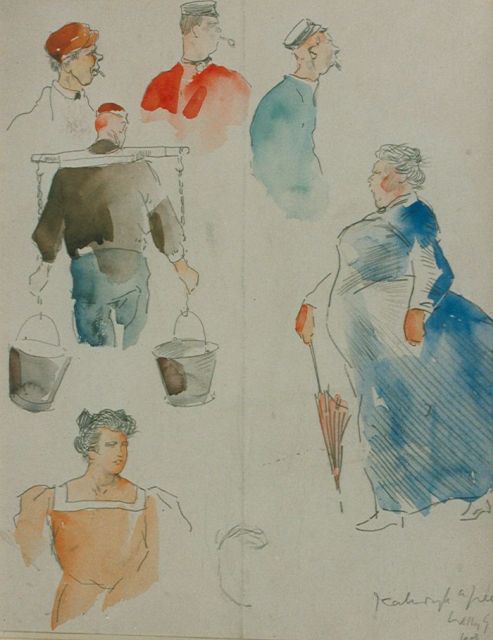Sluiter J.W.  | Schetsen van Katwijkse figuren, gemengde techniek op papier 29,0 x 22,5 cm, gesigneerd r.o. en gedateerd 1908