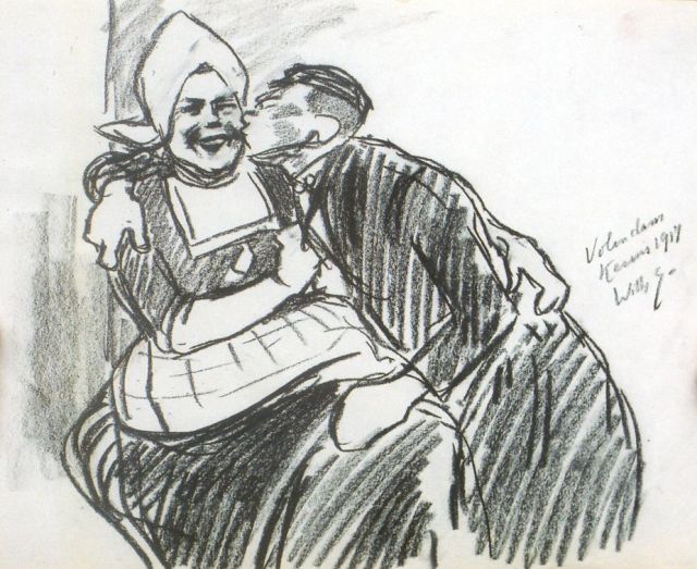 Sluiter J.W.  | Een kus op de kermis, Volendam, zwart krijt op papier 26,3 x 33,0 cm, gesigneerd rechtsmidden en gedateerd 1917