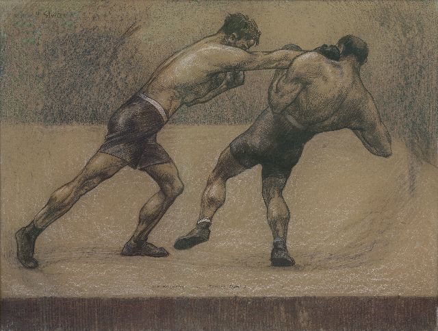 Sluiter J.W.  | De bokswedstrijd van Joe Beckett tegen Tommy Burns, Londen 1920, houtskool en pastel op papier op board 70,6 x 101,5 cm, gesigneerd l.b. en verso met naamstempel en gedateerd 'London' 1920
