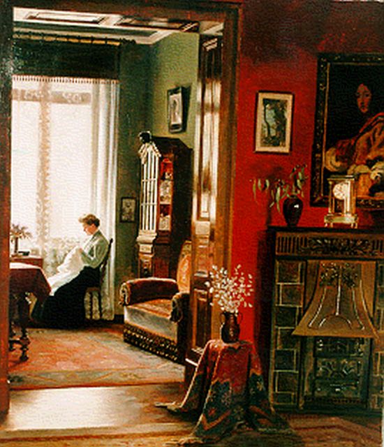 Carl Murdfield | Bordurende vrouw in interieur, olieverf op doek, 72,0 x 62,5 cm, gesigneerd r.o.