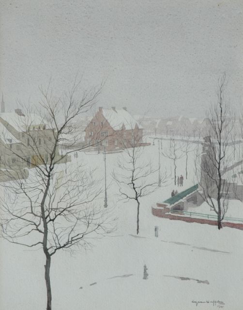 Duffelen G. van | Sneeuw in Amsterdam Zuid, Muzenplein, aquarel op papier 46,5 x 37,7 cm, gesigneerd r.o. en gedateerd 1941