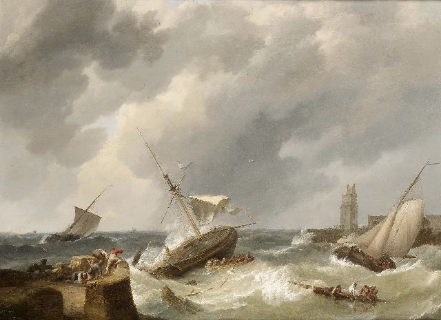 Koekkoek J.H.  | Schipbreuk in het zicht van de haven, olieverf op doek op paneel 63,5 x 85,0 cm, gesigneerd l.o. en gedateerd 1838