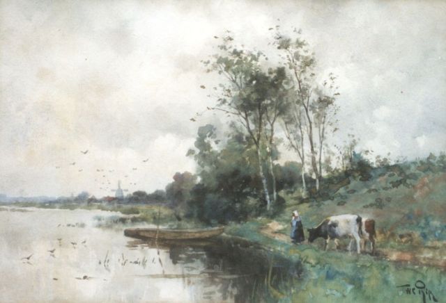 Willem Rip | Koeienhoedster op een pad langs het water bij Bergschenhoek, aquarel op papier, 23,8 x 34,5 cm, gesigneerd r.o.
