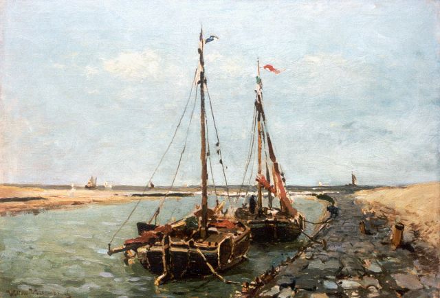 Weissenbruch W.J.  | Afgemeerde garnalenboten in de uitwatering Oude Rijn, Katwijk aan Zee, olieverf op doek 41,7 x 58,6 cm, gesigneerd l.o.